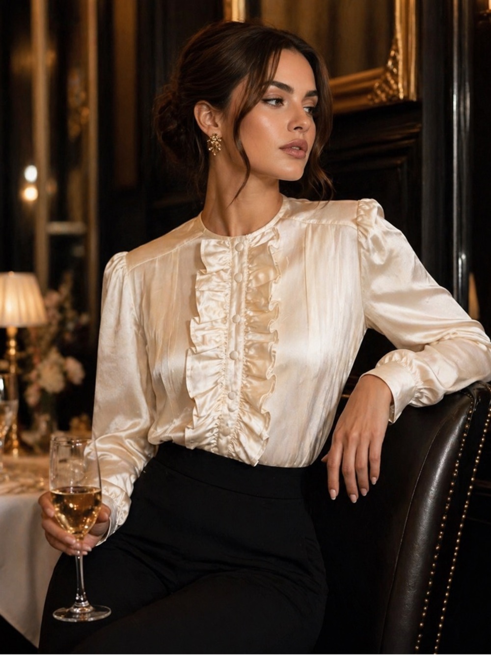 100% Silk Cream Ruffle-Front Long Sleeve Blouse